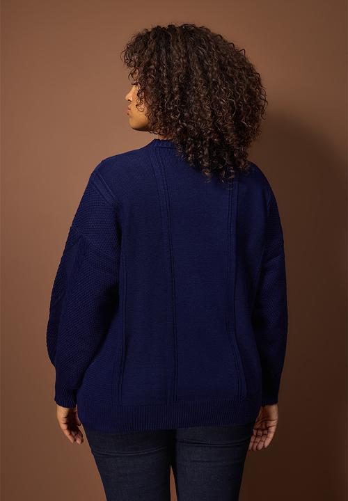 Trendyol - Plus Hair Braid Detailed V-Neck Button Knitwear Cardigan - Navy Blue