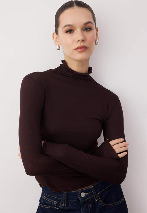 Trendyol - Transparent High Neck Flexible Regular Length Knitted Blouse - Brown