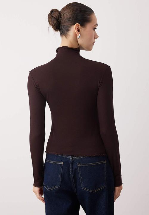 Trendyol - Transparent High Neck Flexible Regular Length Knitted Blouse - Brown