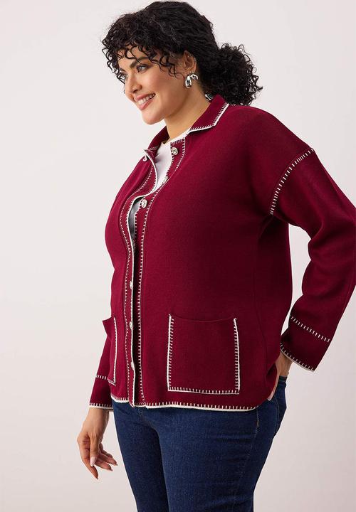 Trendyol - Polo Neck Embroidered Knitwear Cardigan - Burgundy