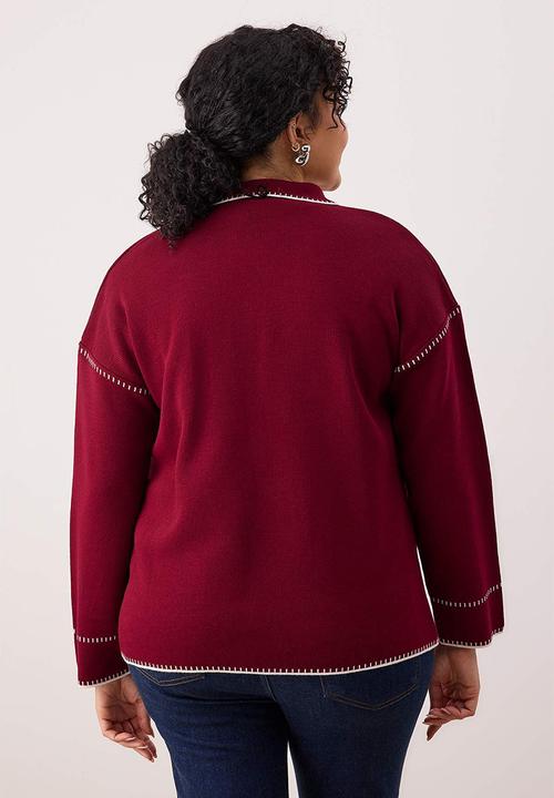 Trendyol - Polo Neck Embroidered Knitwear Cardigan - Burgundy