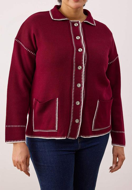 Trendyol - Polo Neck Embroidered Knitwear Cardigan - Burgundy