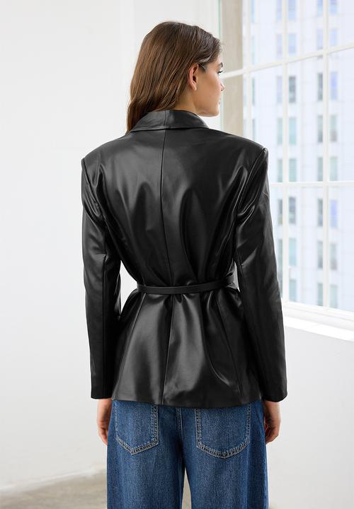 Trendyol - Belted Double-Breasted Closure Faux Leather Woven Blazer Jacket - Black