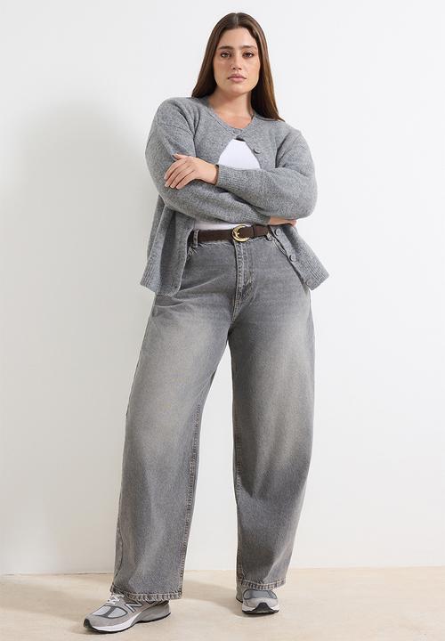 Trendyol - High Waist Barrel Baggy Plus Size Jeans - Grey