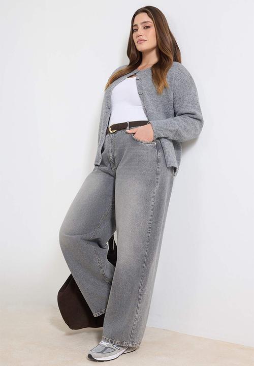 Trendyol - High Waist Barrel Baggy Plus Size Jeans - Grey