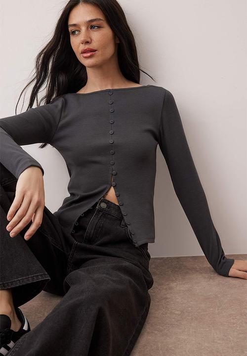 Trendyol - Button Detailed Crew Neck Corded Fabric Flexible Regular Length Knitted Blouse - Anthracite