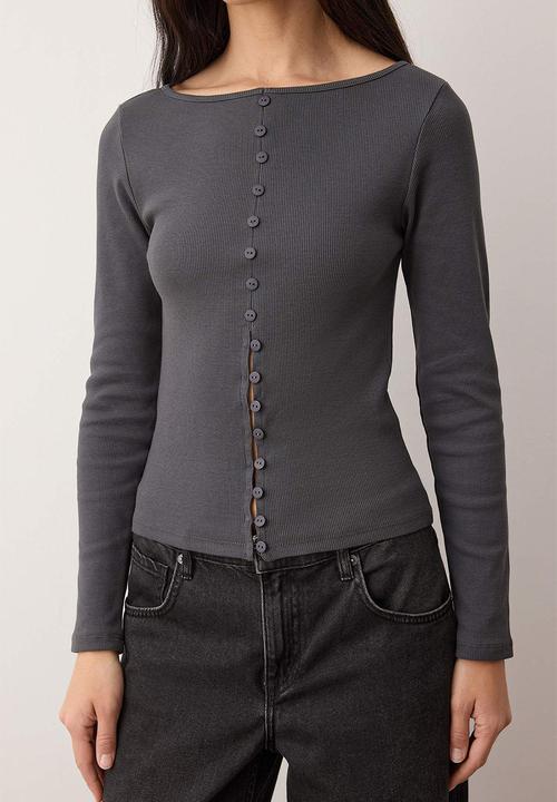 Trendyol - Button Detailed Crew Neck Corded Fabric Flexible Regular Length Knitted Blouse - Anthracite