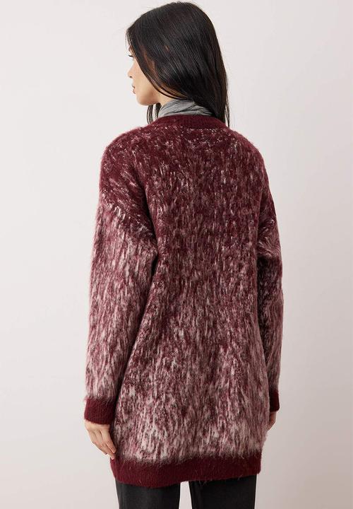 Trendyol - Feathered/Fleece-Lined Knitwear Cardigan - Burgundy