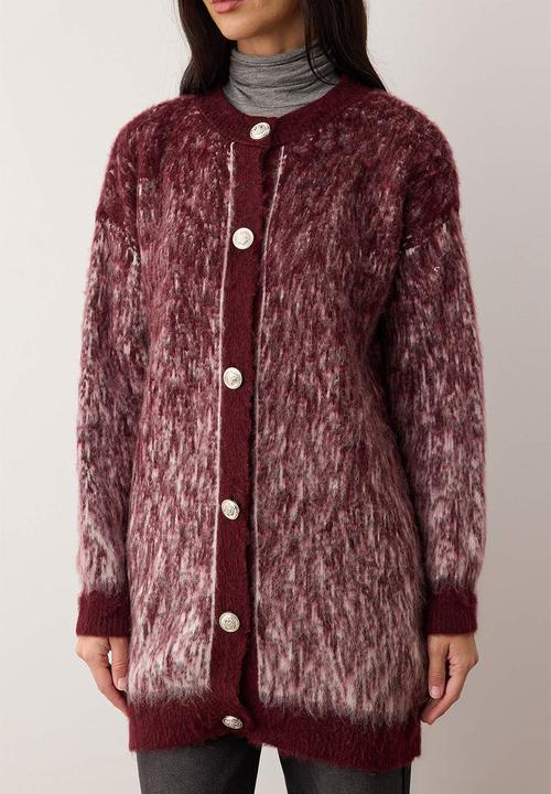 Trendyol - Feathered/Fleece-Lined Knitwear Cardigan - Burgundy