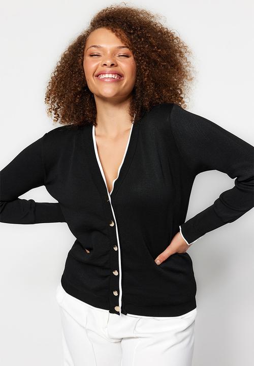 Trendyol - Gold Button Detailed Striped Knitwear Cardigan - Black