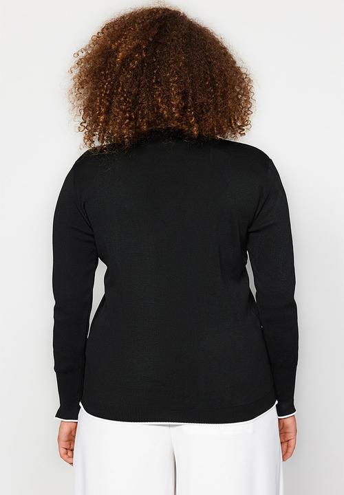 Trendyol - Gold Button Detailed Striped Knitwear Cardigan - Black