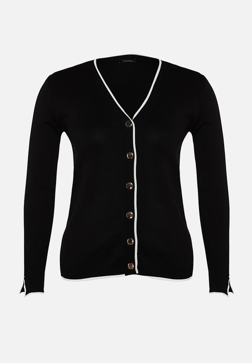 Trendyol - Gold Button Detailed Striped Knitwear Cardigan - Black