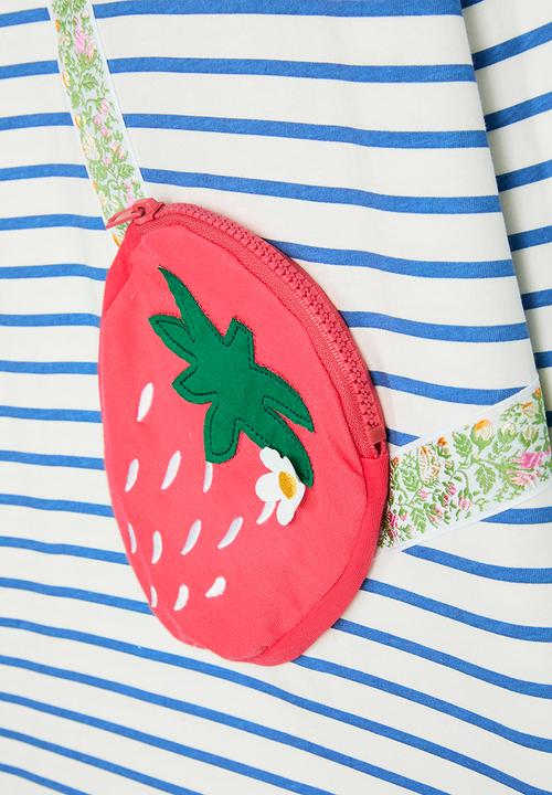 Pop Candy - Tshirt dress with floral strap strawberry pocket - blue stripes/multi