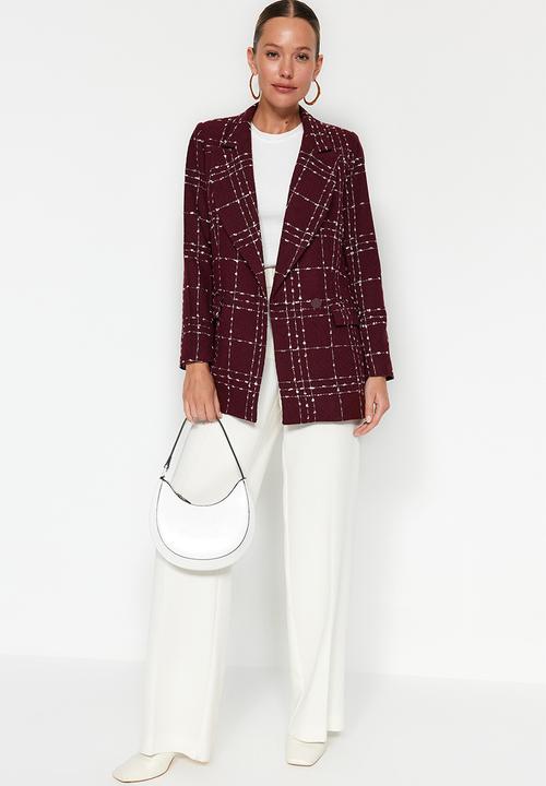 Trendyol - Oversize Woven Plaid Blazer Jacket - Claret Red