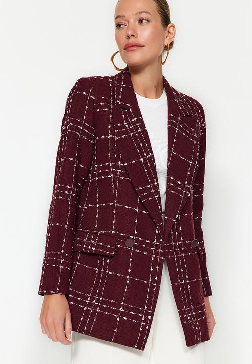 Trendyol - Oversize Woven Plaid Blazer Jacket - Claret Red
