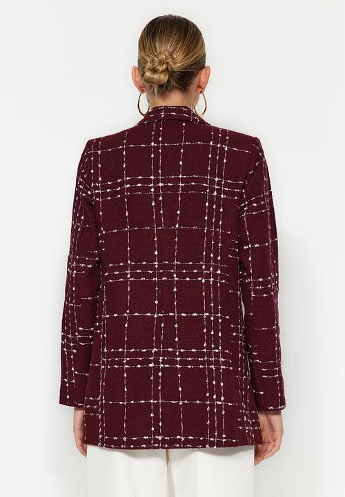Trendyol - Oversize Woven Plaid Blazer Jacket - Claret Red