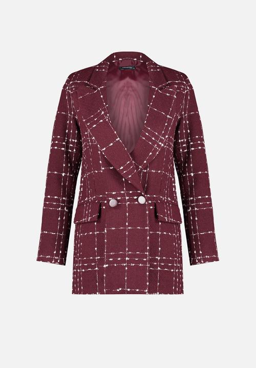 Trendyol - Oversize Woven Plaid Blazer Jacket - Claret Red