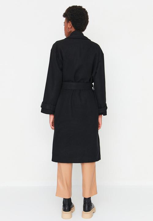 Trendyol - Oversize Wide Cut Belted Long Wool Stamp Coat - Black