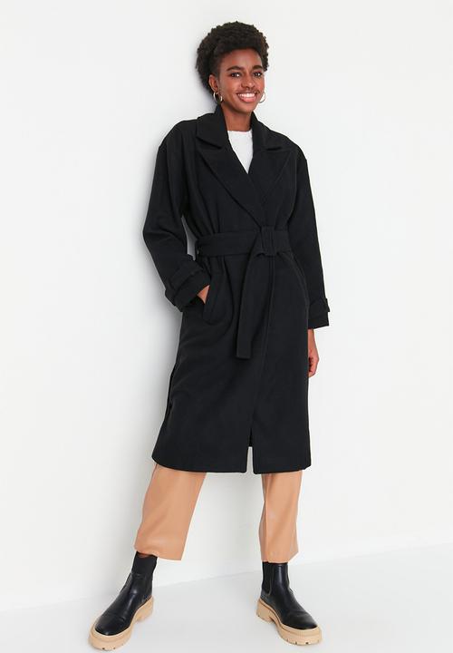 Trendyol - Oversize Wide Cut Belted Long Wool Stamp Coat - Black