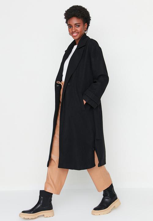 Trendyol - Oversize Wide Cut Belted Long Wool Stamp Coat - Black
