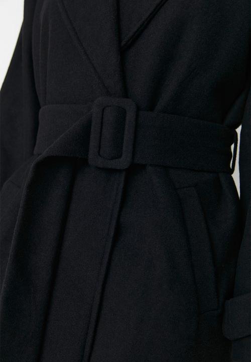Trendyol - Oversize Wide Cut Belted Long Wool Stamp Coat - Black