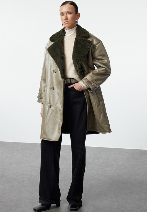 Trendyol - Collar Fur Detailed Oversize Long Coat - Khaki
