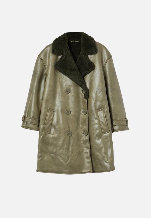 Trendyol - Collar Fur Detailed Oversize Long Coat - Khaki