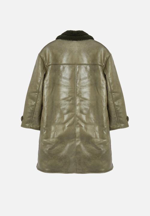 Trendyol - Collar Fur Detailed Oversize Long Coat - Khaki