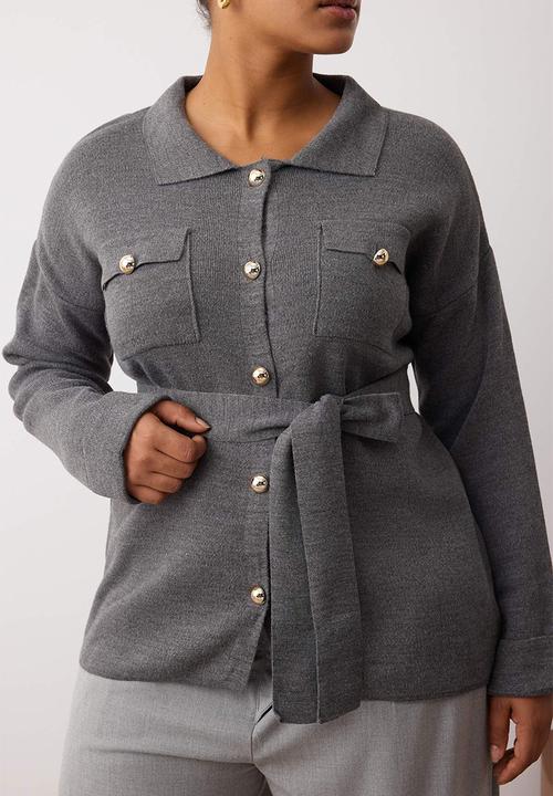 Trendyol - Plus Belted Knitwear Cardigan - Anthracite