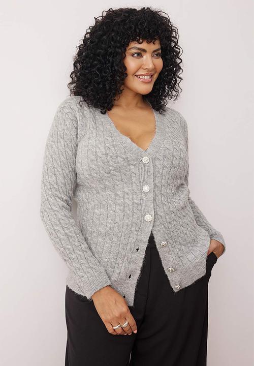 Trendyol - Hair Braided Gem Button Soft Feel Knitwear Cardigan - Grey