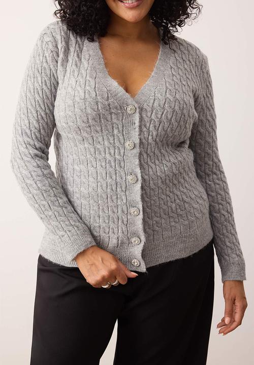 Trendyol - Hair Braided Gem Button Soft Feel Knitwear Cardigan - Grey