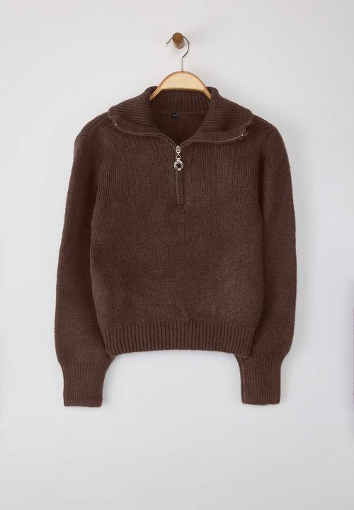 Trendyol - Wardrobe Essentials Wool Premium Yarn Zippered Basic Knitwear Sweater - Brown