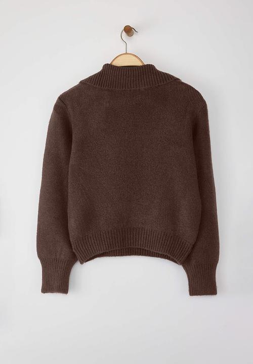Trendyol - Wardrobe Essentials Wool Premium Yarn Zippered Basic Knitwear Sweater - Brown