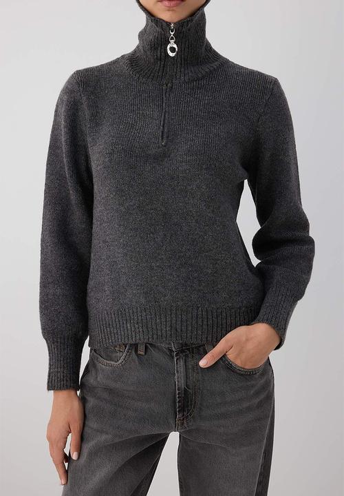 Trendyol - Wardrobe Essentials Wool Premium Yarn Zippered Basic Knitwear Sweater - Anthracite