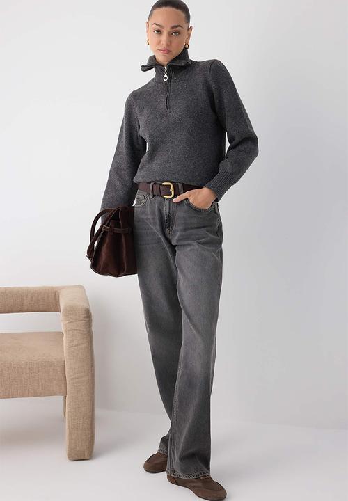 Trendyol - Wardrobe Essentials Wool Premium Yarn Zippered Basic Knitwear Sweater - Anthracite