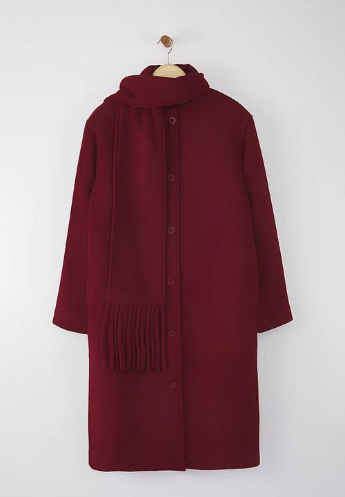 Trendyol - Shawl Detailed Mono Closure Oversize Long Cashmere Coat - Burgundy