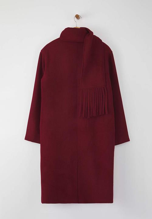 Trendyol - Shawl Detailed Mono Closure Oversize Long Cashmere Coat - Burgundy