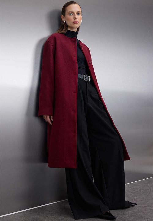 Trendyol - Shawl Detailed Mono Closure Oversize Long Cashmere Coat - Burgundy