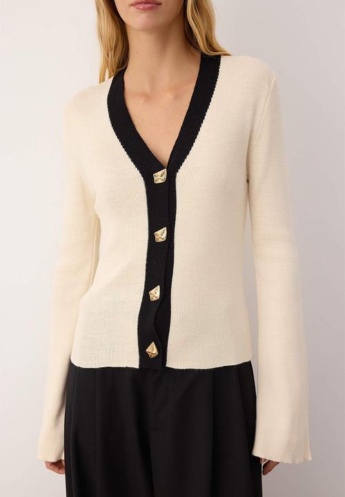 Trendyol - Button Detailed Color Block Knitwear Cardigan - Ecru