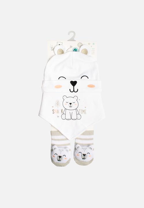 Character Group - Bear Snuggle Set (Beanie, Bib & Booties Set) - white