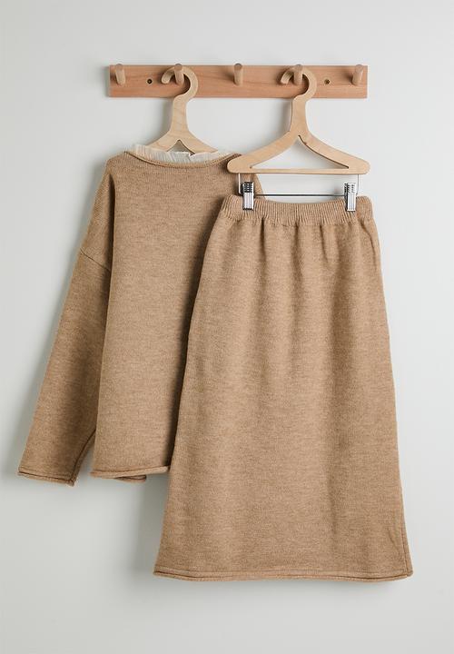 Pop Candy - Knit sweater & midi skirt set - wheat brown