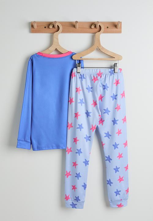 Pop Candy - Mermaid graphic and starfish aop pj set - cornflower blue