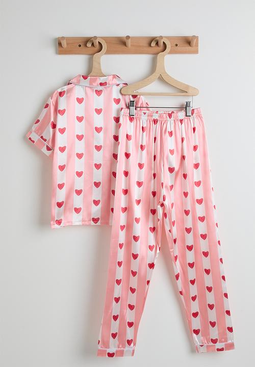 Pop Candy - Short sleeve silk pj set - pink stripes/heart aop