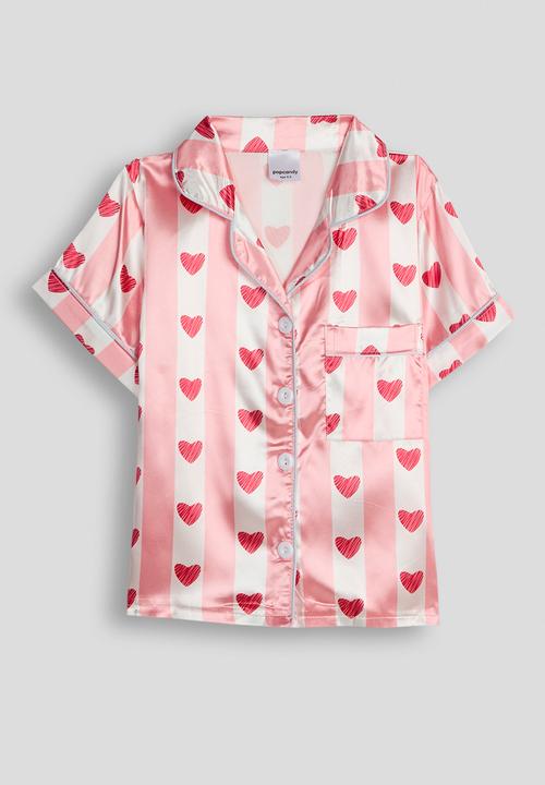 Pop Candy - Short sleeve silk pj set - pink stripes/heart aop