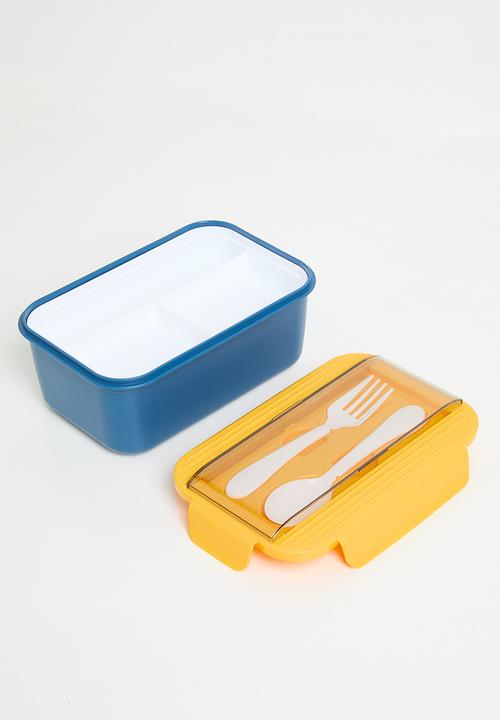 Excellent Houseware - Lunchbox with spoon & fork set - Navy & Yellow