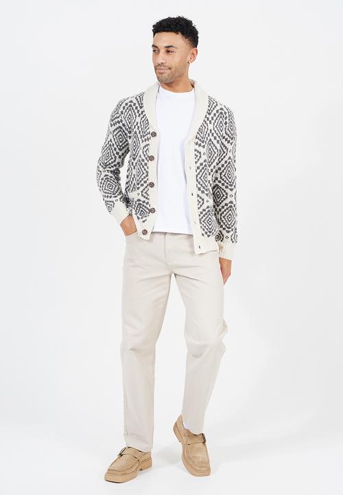 Brave Soul - Shawl Collar Cardigan  - Oatmeal / Slate Grey