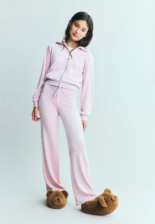 Velour zip-through hoodie - powder pink - 1301306003