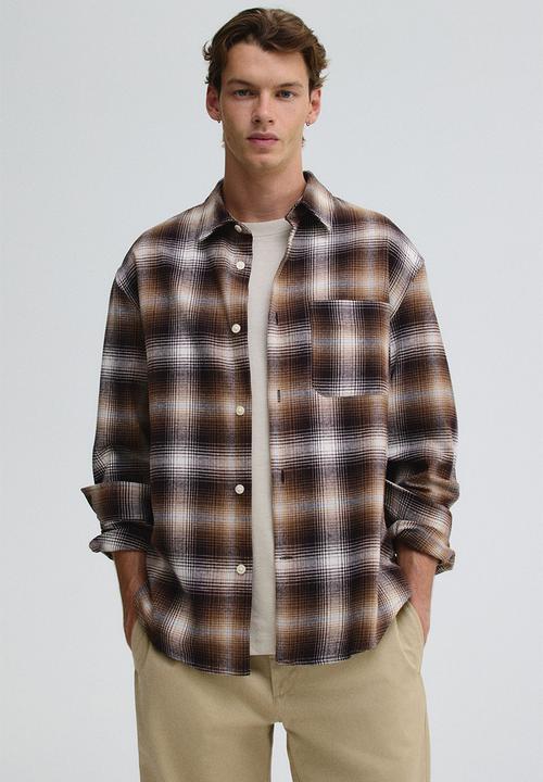 Loose fit flannel shirt - brown/checked - 1296170002