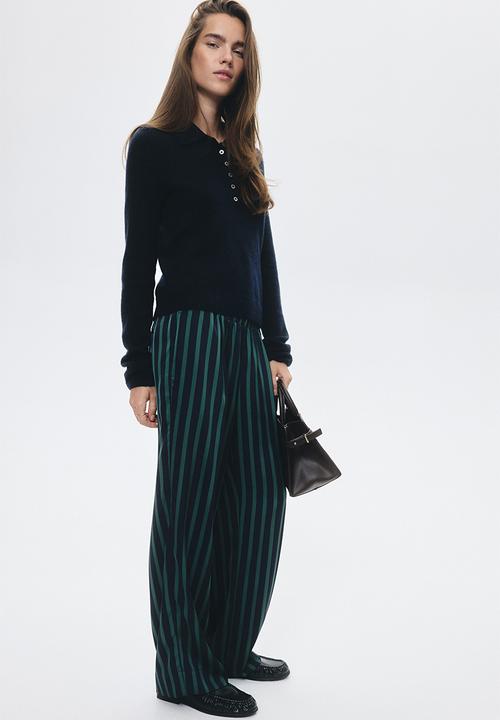 H&M - Pull-on trousers - navy blue/green striped