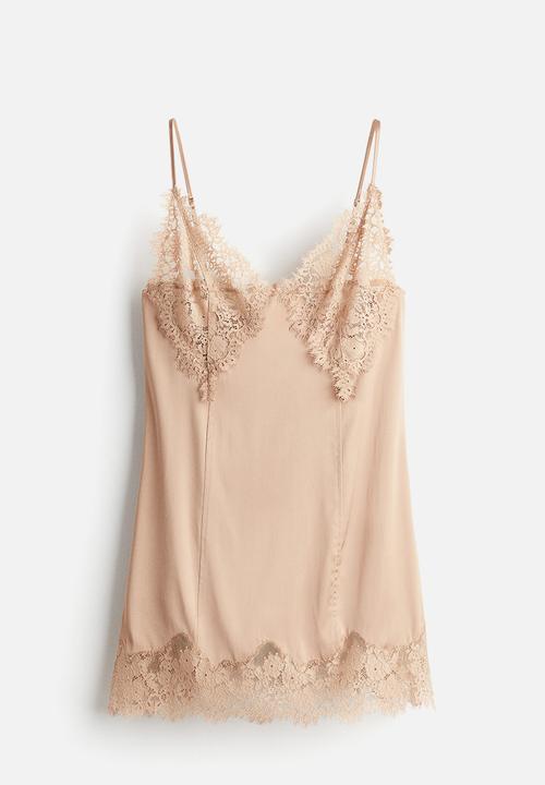 H&M - Lace-trimmed satin dress - light beige